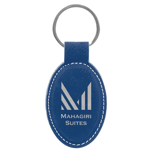 Blue/Silver Engravable Leatherette Oval Keychain - 3" x 1 3/4"