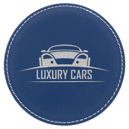 Round Blue/Silver Engravable Leatherette Coaster - 4"