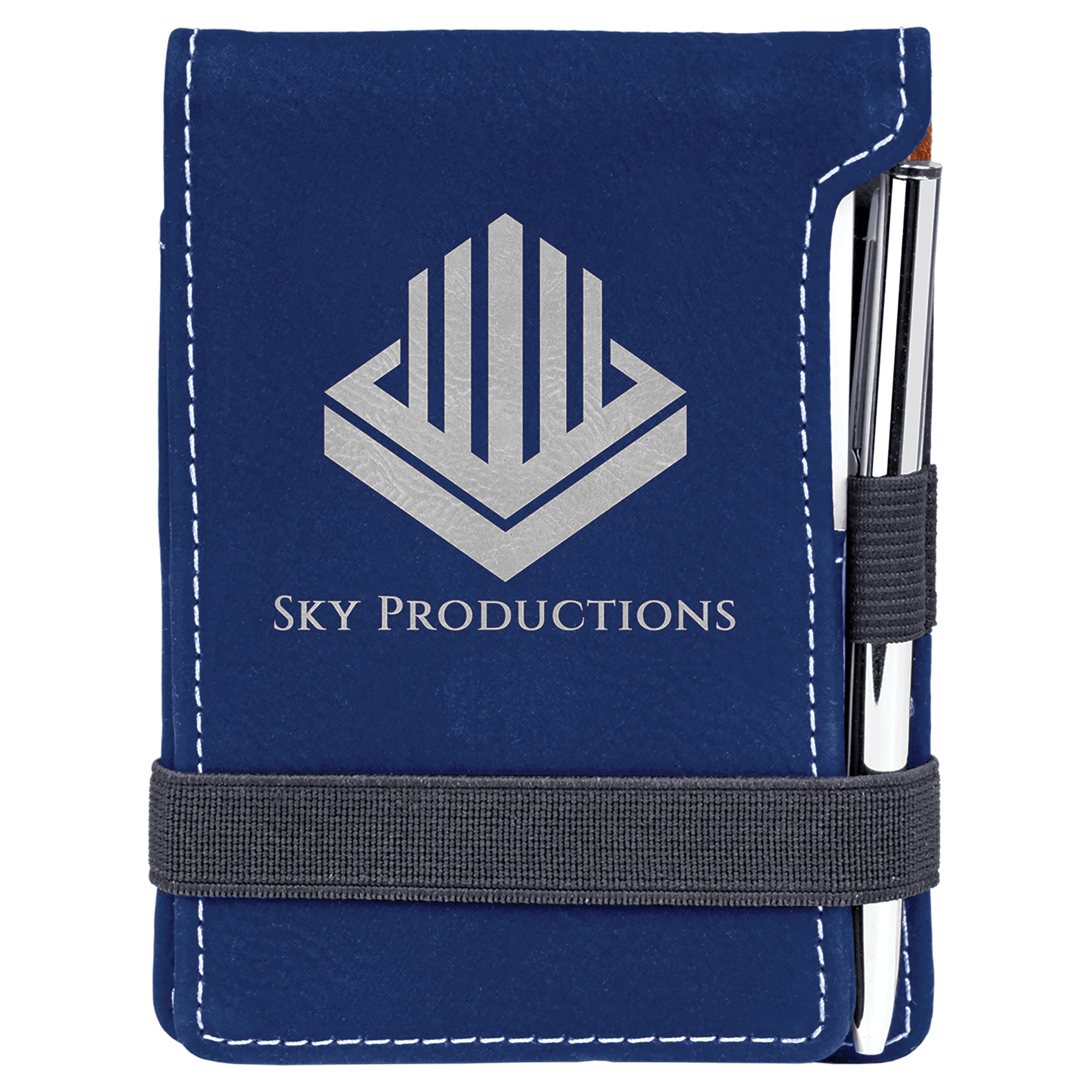 3 1/4" x 4 3/4" Blue/Silver Laserable Leatherette Mini Notepad with Pen