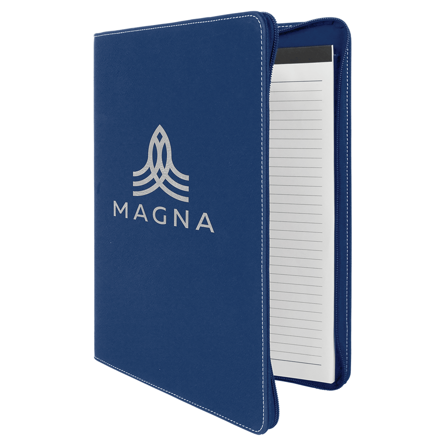9 1/2" x 12" Blue/Silver w/ Zipper Laserable Leatherette Portfolio with Notepad