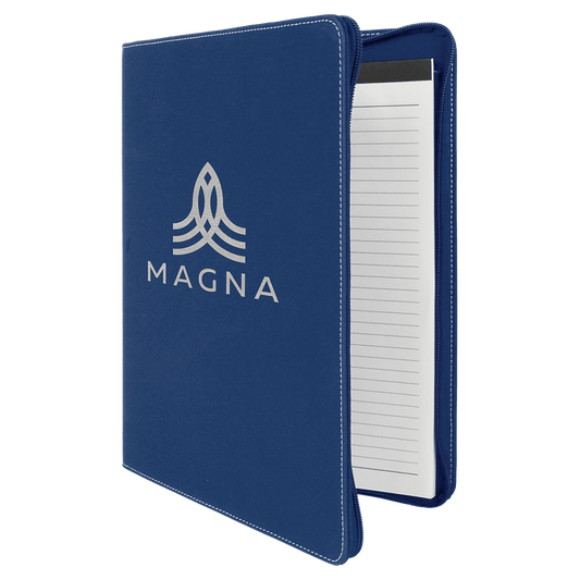9 1/2" x 12" Blue/Silver w/ Zipper Laserable Leatherette Portfolio with Notepad