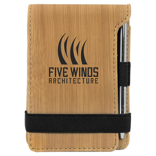 3 1/4" x 4 3/4" Bamboo Laserable Leatherette Mini Notepad with Pen