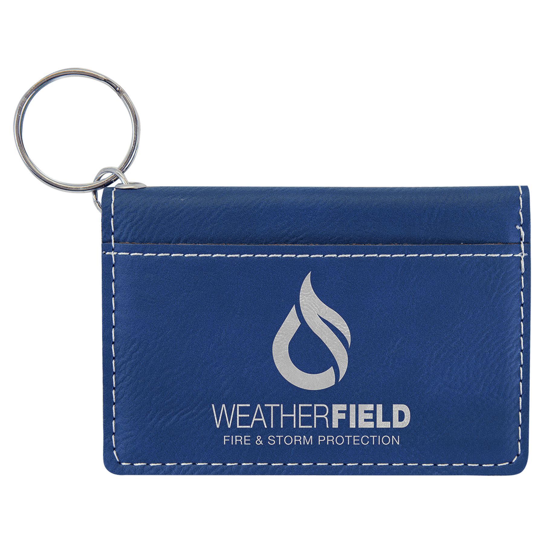 Blue/Silver Engravable Leatherette Keychain ID Holder - 4 1/4" x 3"