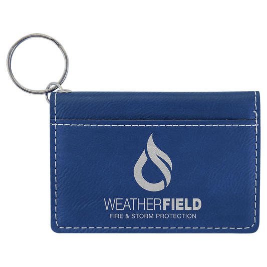 Blue/Silver Engravable Leatherette Keychain ID Holder - 4 1/4" x 3"