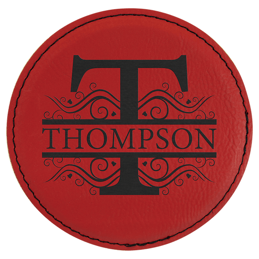 Round Red Engravable Leatherette Coaster - 4"