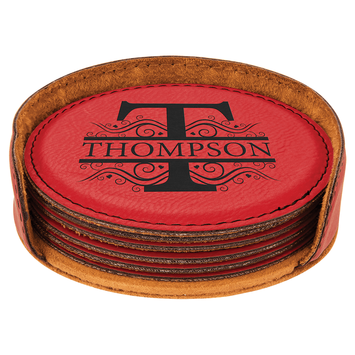 Red Engravable Leatherette Round 6-Coaster Set - 4"