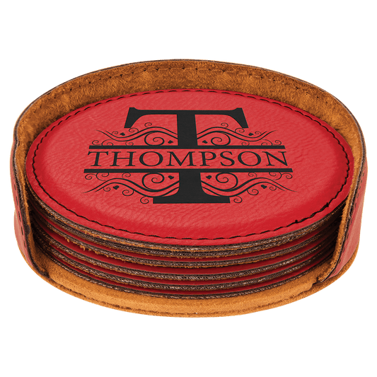 Red Engravable Leatherette Round 6-Coaster Set - 4"