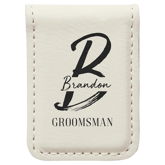 White Engravable Leatherette Money Clip - 1 3/4" x 2 1/2"