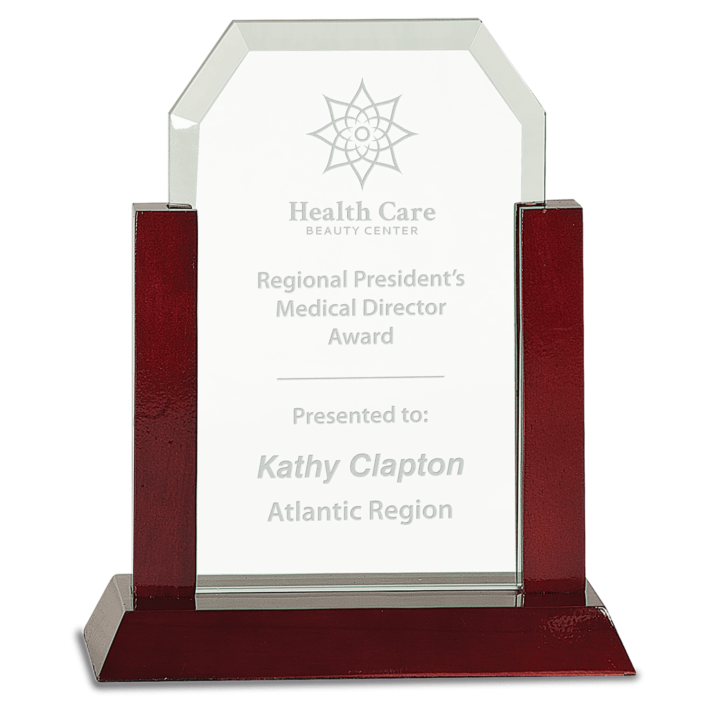 Gateway Jade Clip Corner Glass Award with Rosewood Finish Base - 8"