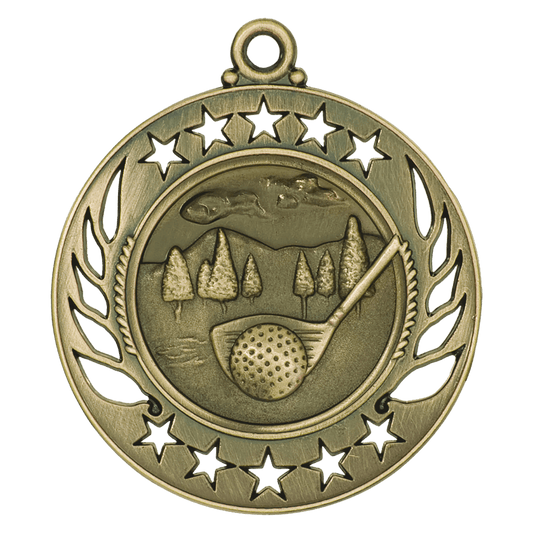 Antique Gold Golf Galaxy Medal - 2 1/4"