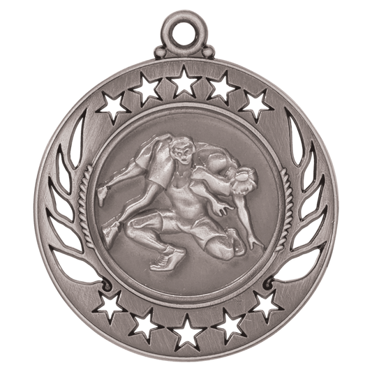 Antique Silver Wrestling Galaxy Medal - 2 1/4"