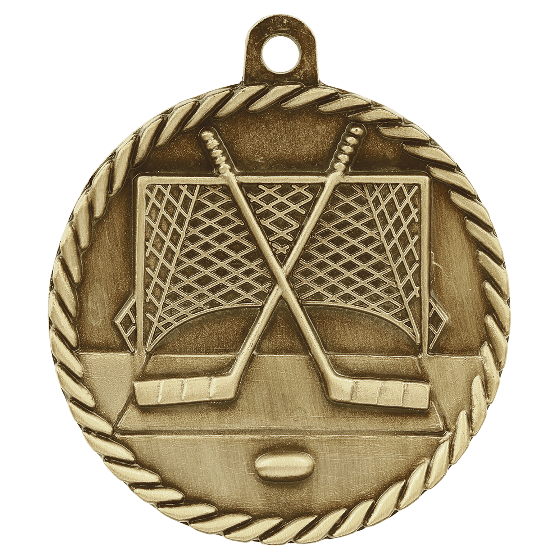 Antique Gold Hockey High Relief Medal - 2"