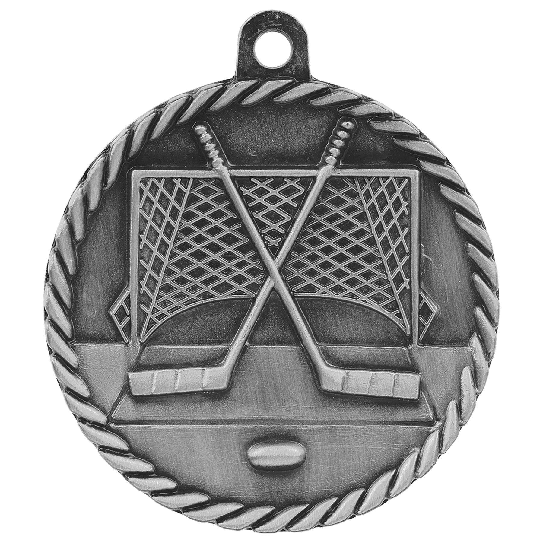 Antique Silver Hockey High Relief Medal - 2"