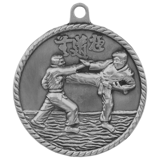Antique Silver Martial Arts High Relief Medal - 2"