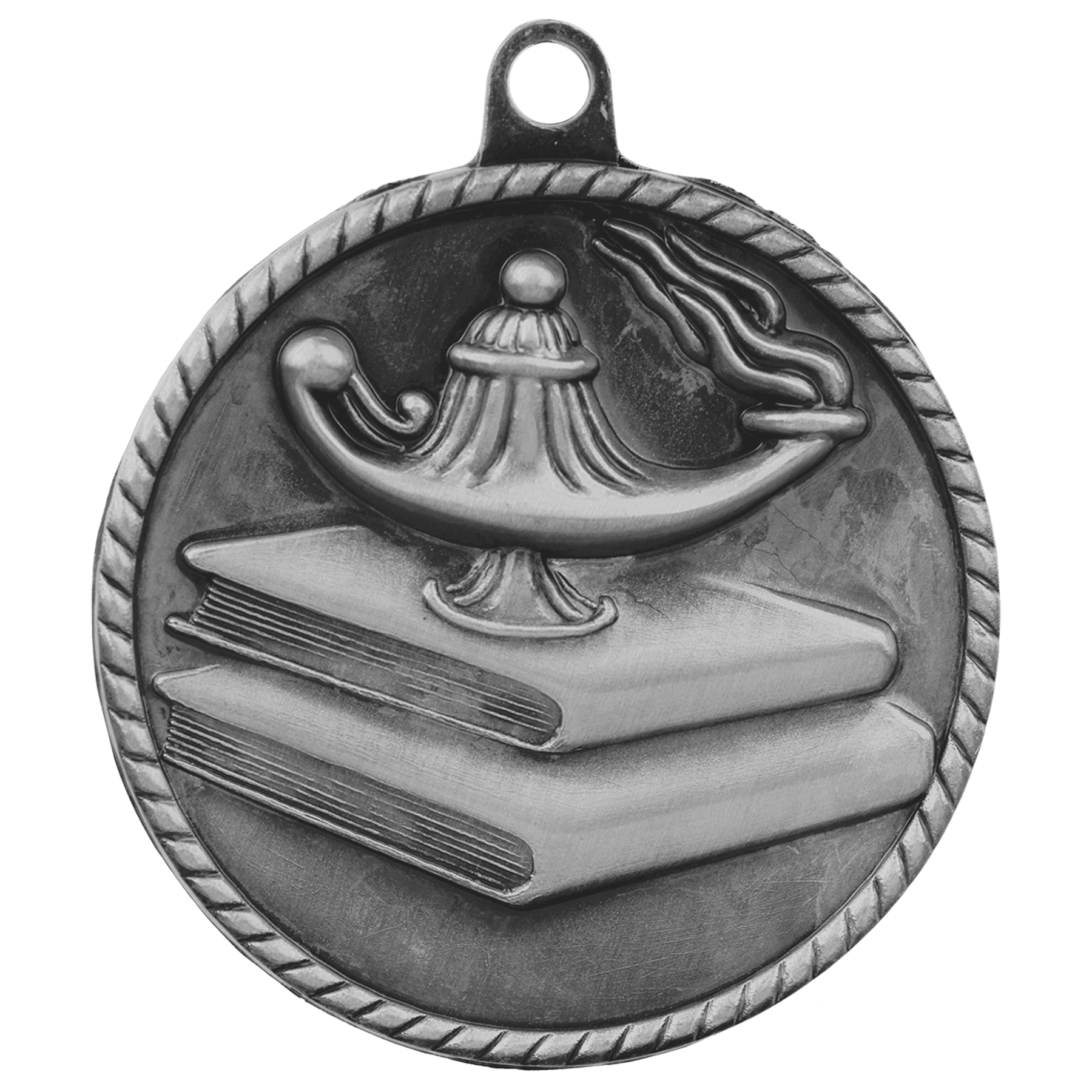 Antique Silver Lamp of Knowledge High Relief Medal - 2"