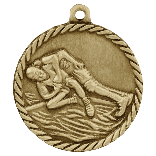 Antique Gold Wrestling High Relief Medal - 2"