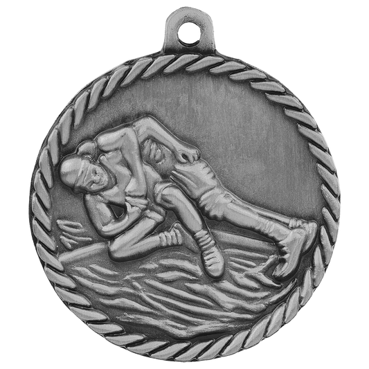 2" Antique Silver Wrestling High Relief Medal