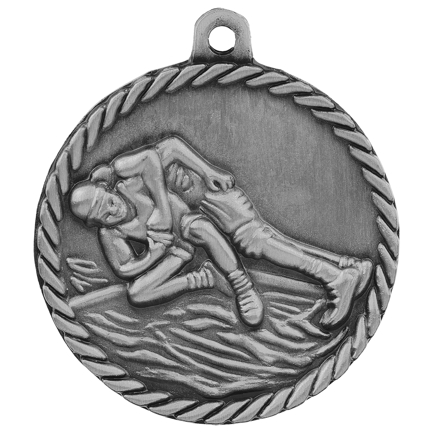 Antique Silver Wrestling High Relief Medal - 2"