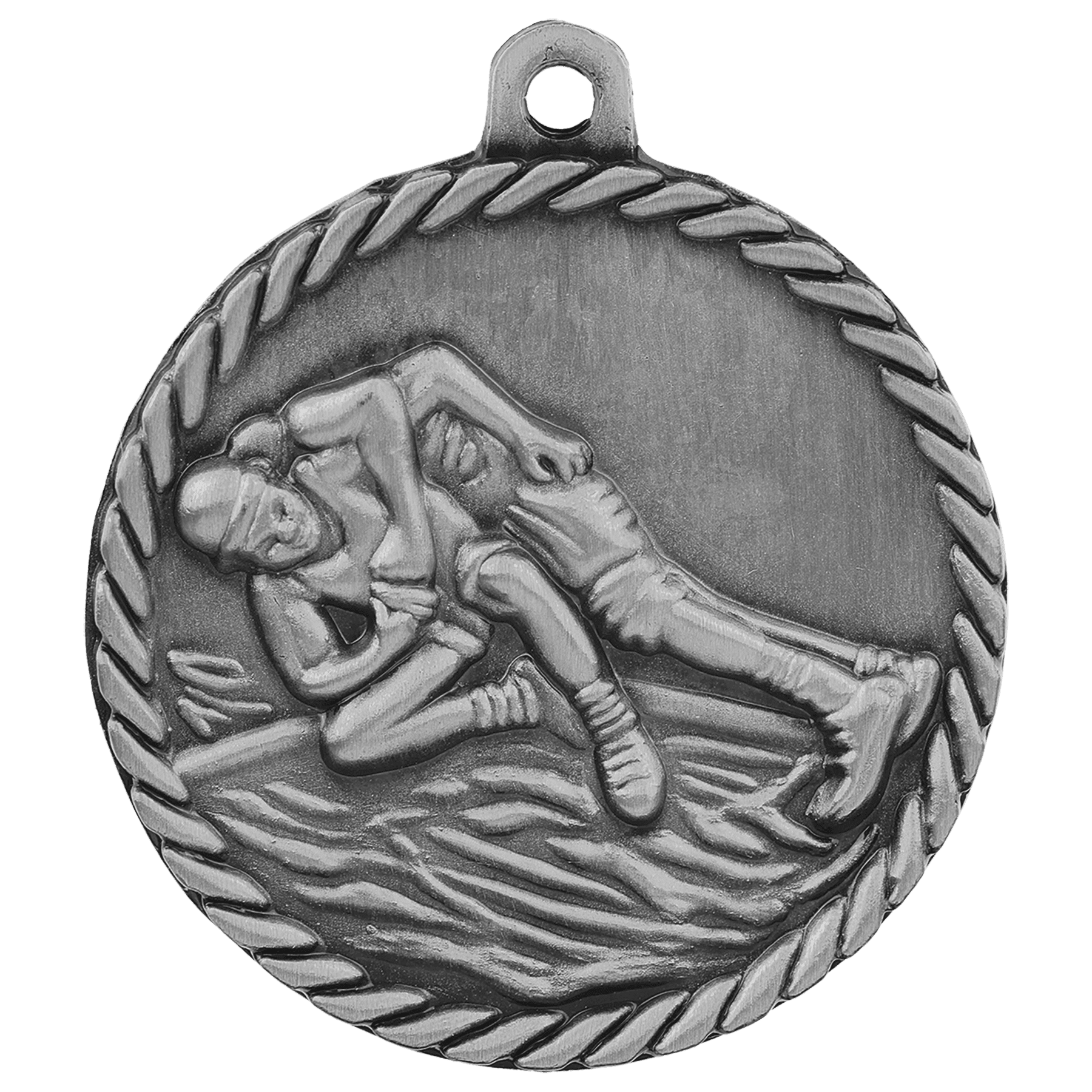 Antique Silver Wrestling High Relief Medal - 2"