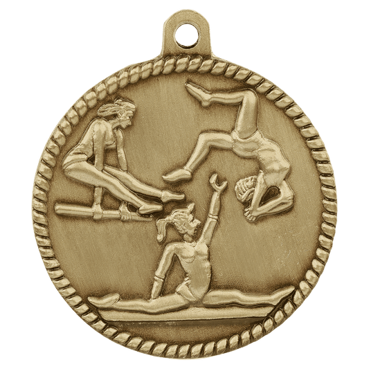 Antique Gold Female Gymnastics High Relief Medal - 2"