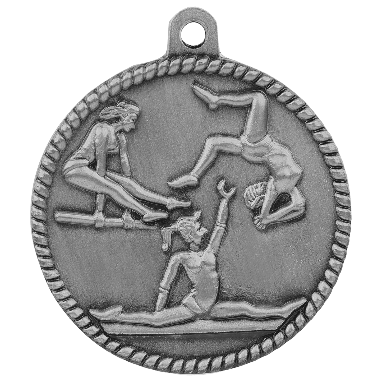 Antique Silver Female Gymnastics High Relief Medal - 2"