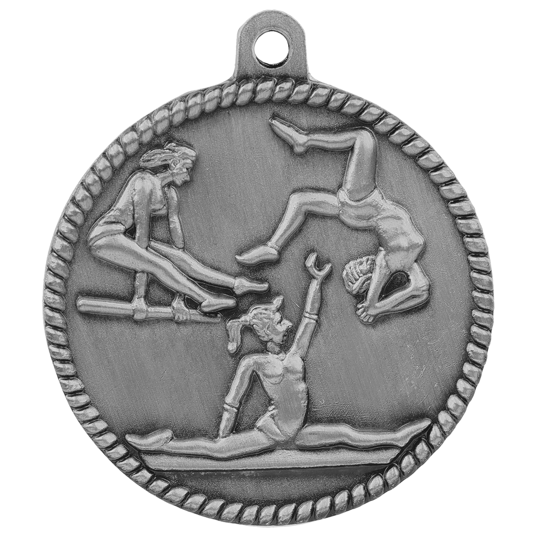 Antique Silver Female Gymnastics High Relief Medal - 2"