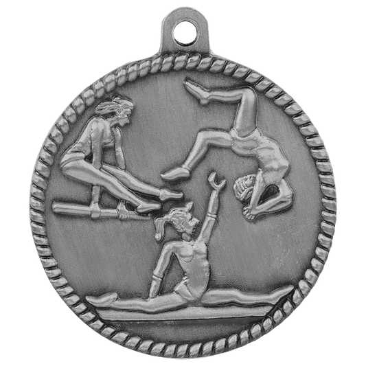 Antique Silver Female Gymnastics High Relief Medal - 2"