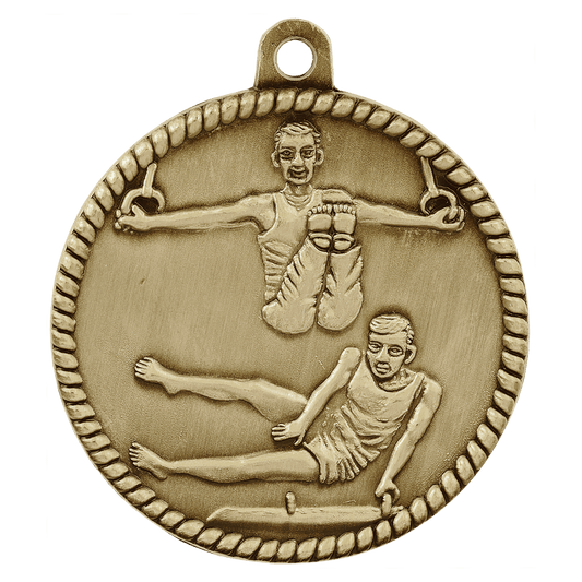 Antique Gold Male Gymnastics High Relief Medal - 2"