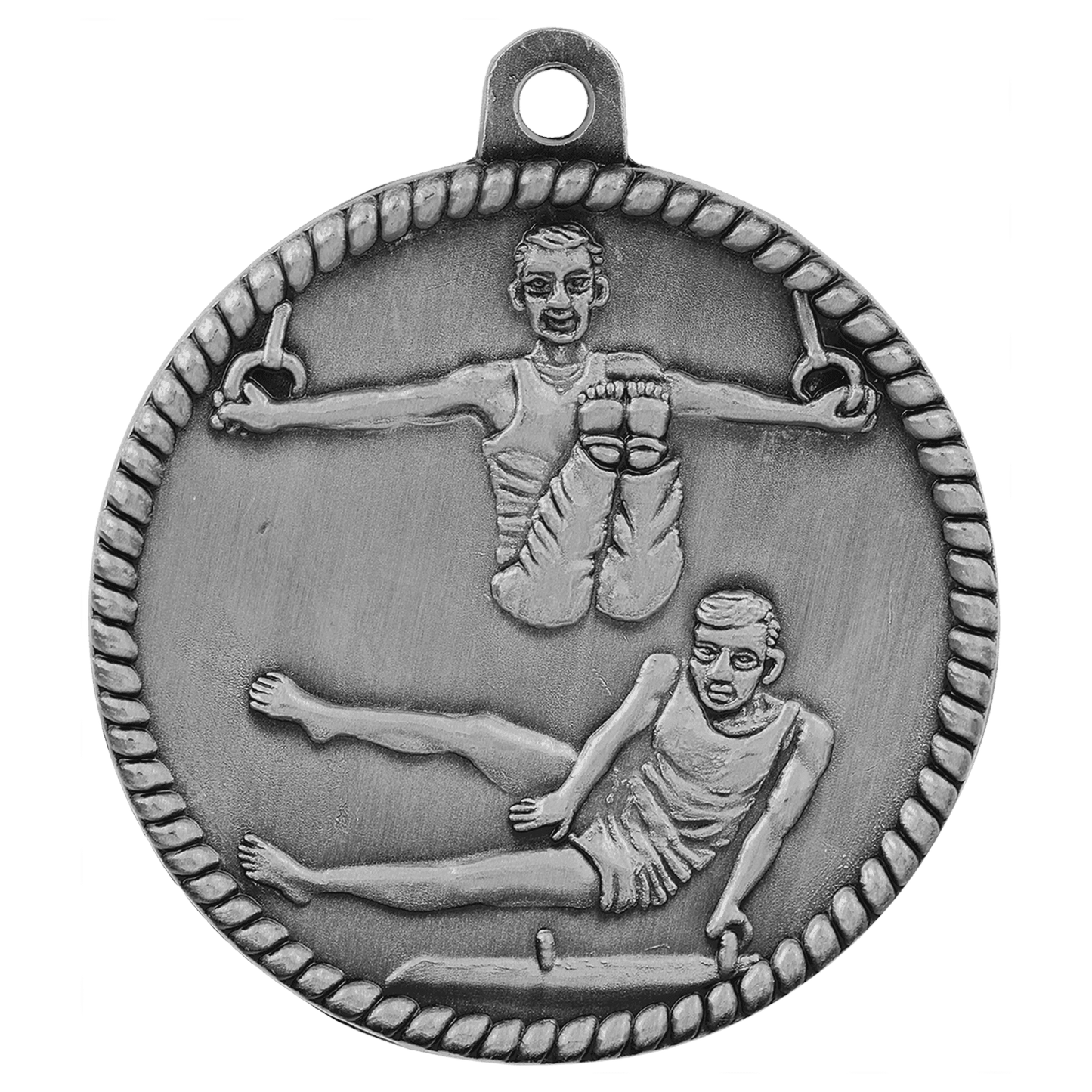 Antique Silver Male Gymnastics High Relief Medal - 2"