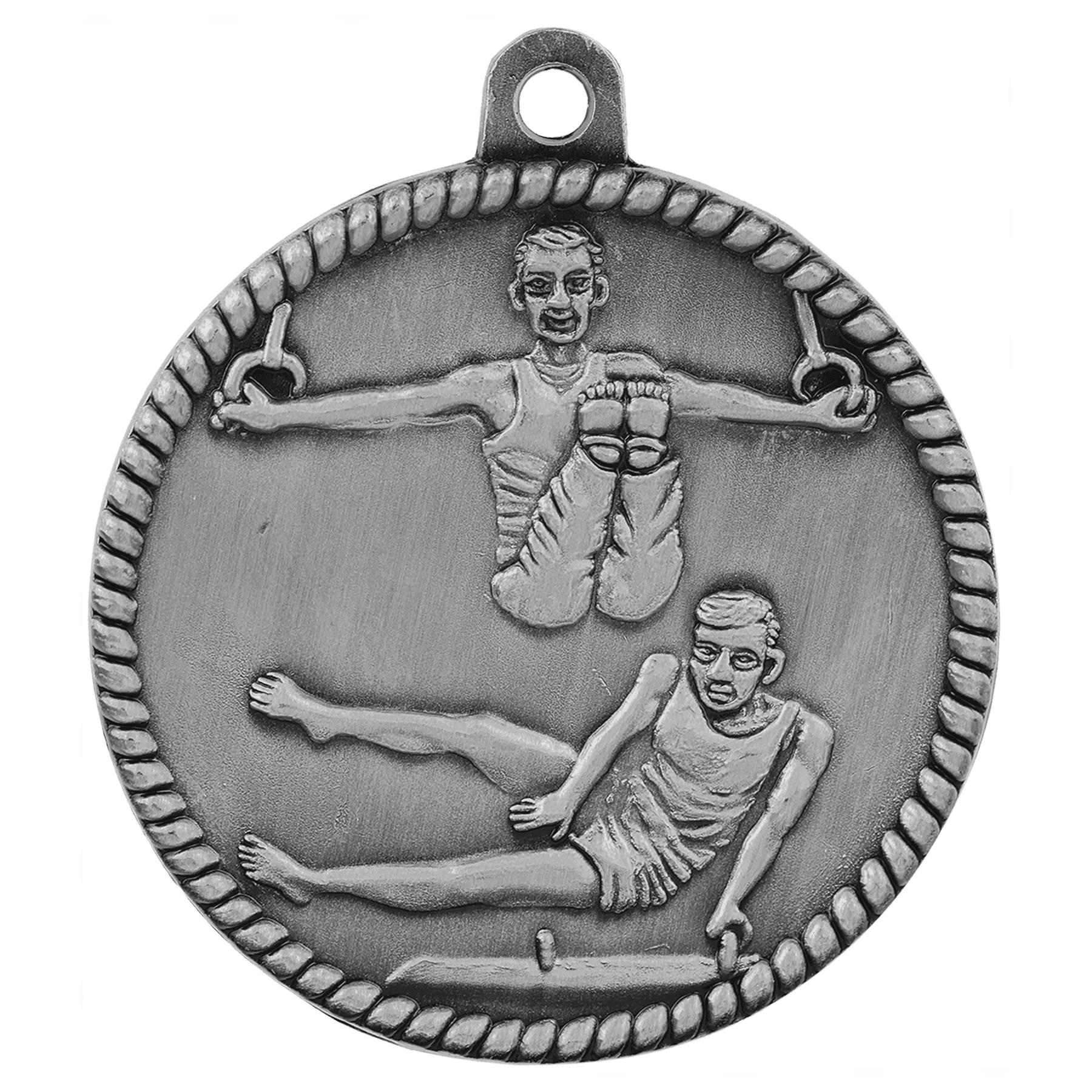 Antique Silver Male Gymnastics High Relief Medal - 2"