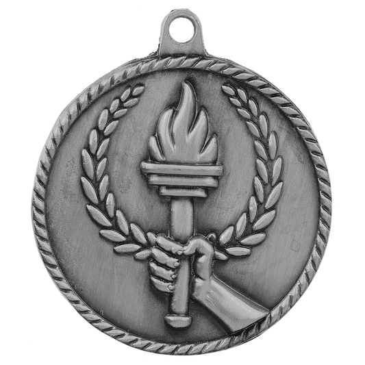 Antique Silver Torch High Relief Medal - 2"