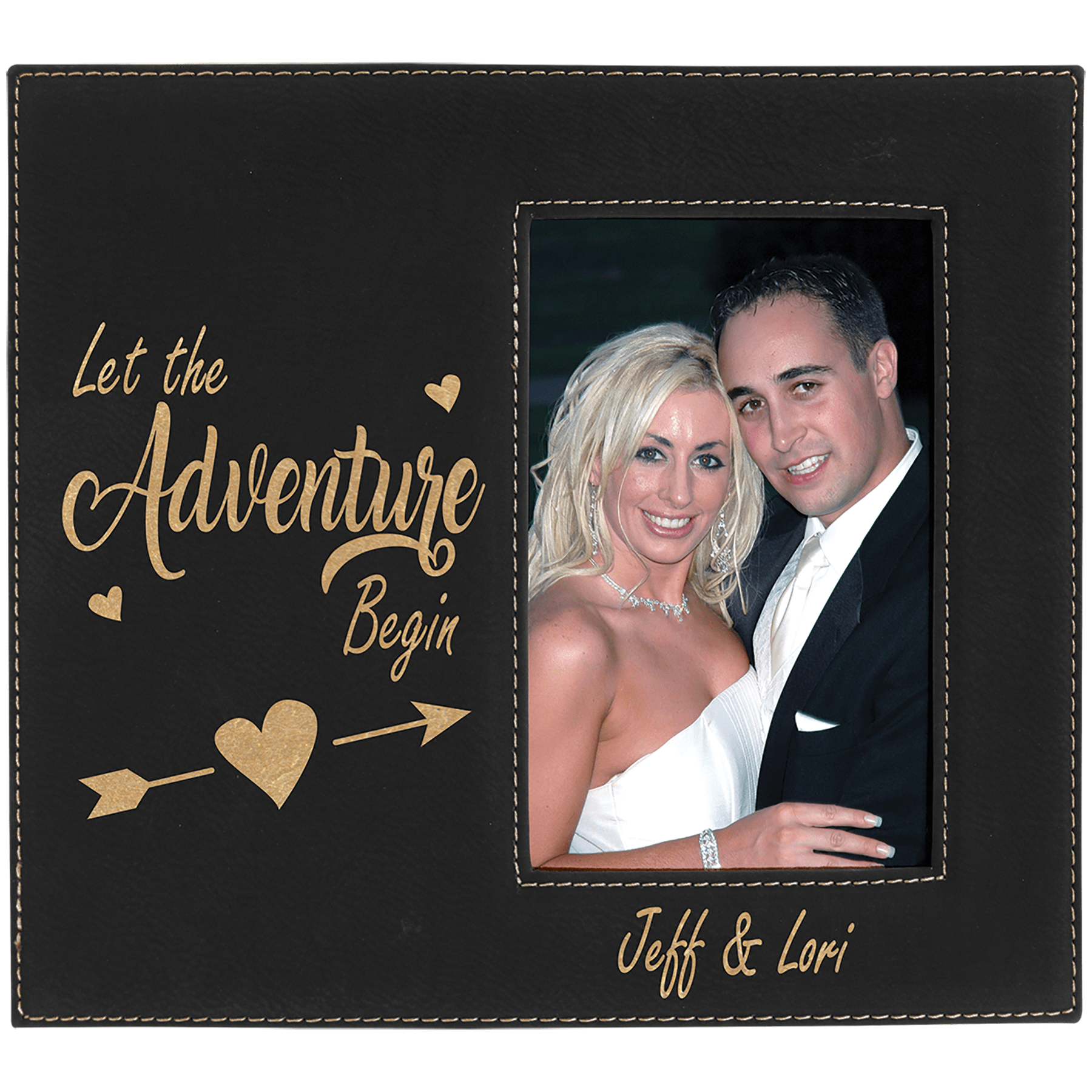Black/Gold Leatherette Photo Frame with 4 1/4" x 7 7/8" Engraving Area - 4" x 6"
