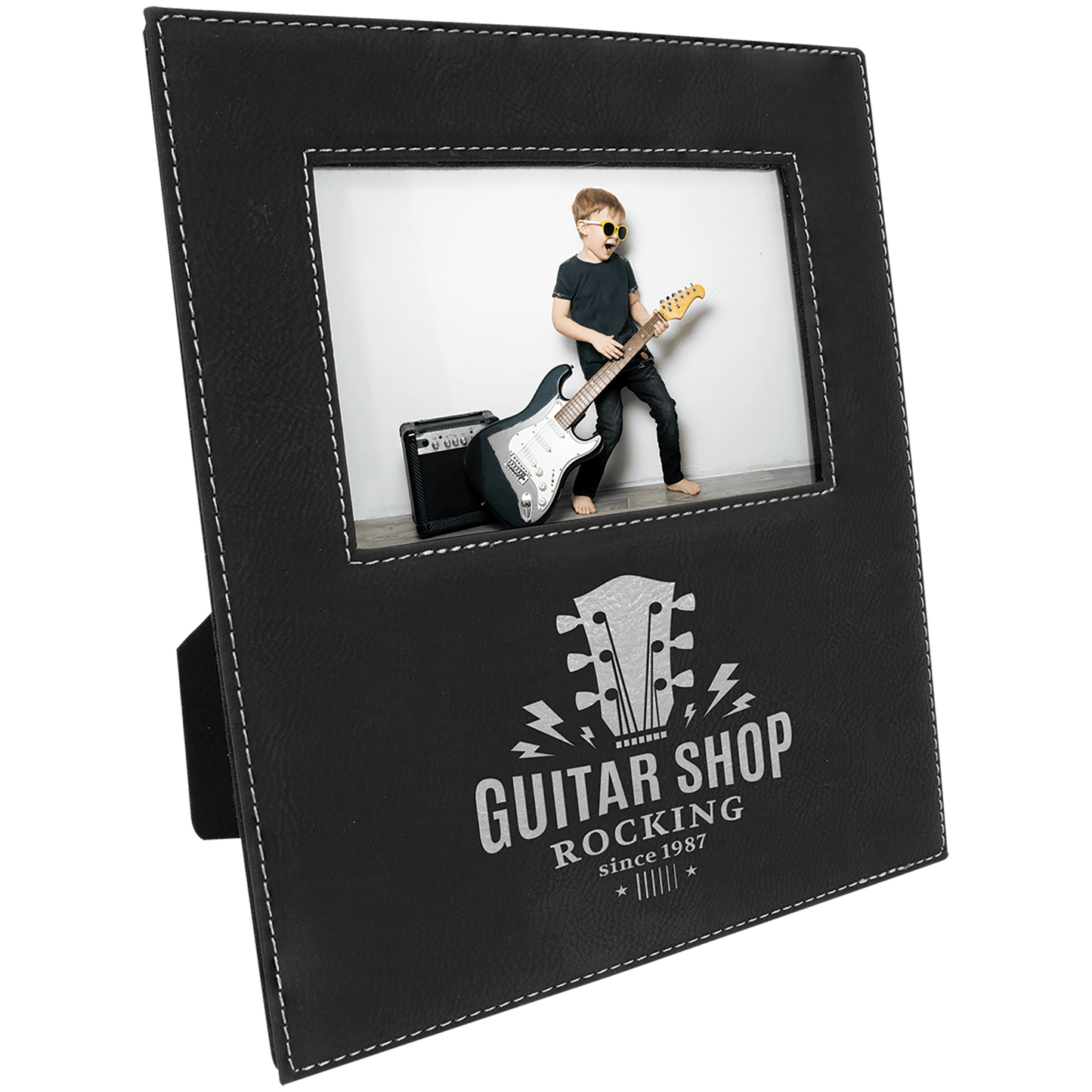 Black/Silver Leatherette Photo Frame with 4 1/4" x 7 7/8" Engraving Area - 4" x 6"