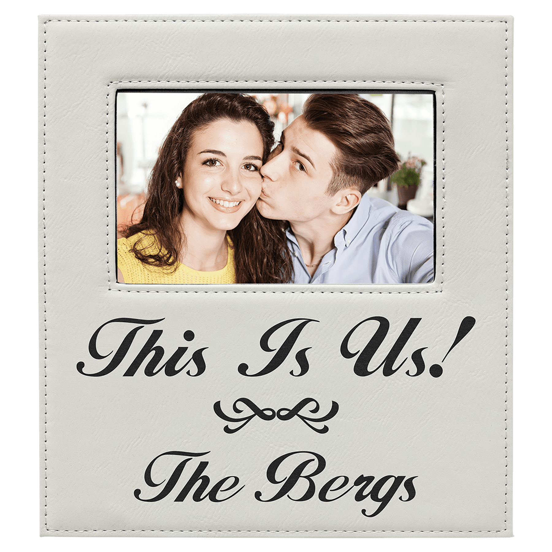 White Leatherette Photo Frame with 4 1/4" x 7 7/8" Engraving Area - 4" x 6"