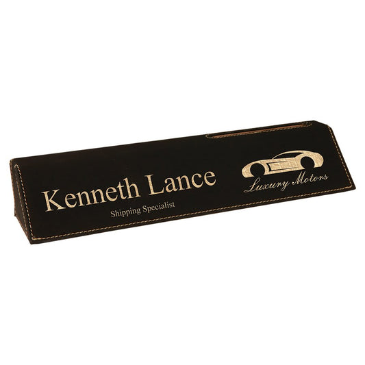 Black/Gold Engravable Leatherette Desk Wedge with Business Card Holder - 10 1/2"