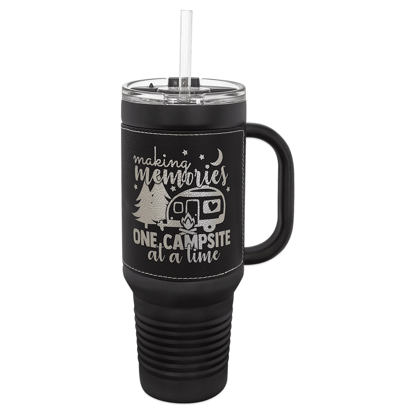 Polar Camel 40 oz. Black with Black/Silver Engravable Leatherette Travel Mug with a Handle & Straw
