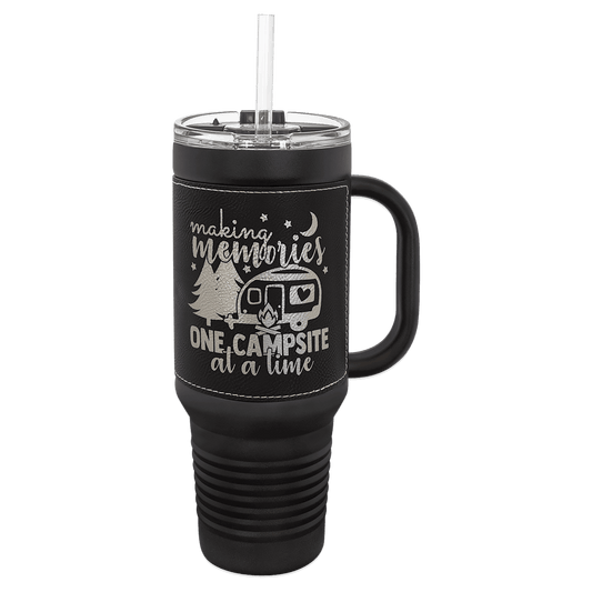 Polar Camel 40 oz. Black with Black/Silver Engravable Leatherette Travel Mug with a Handle & Straw