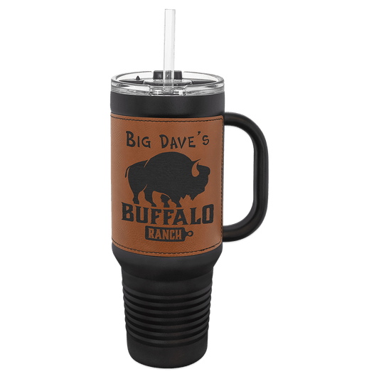 Polar Camel 40 oz. Black with Rawhide Engravable Leatherette Travel Mug with a Handle & Straw