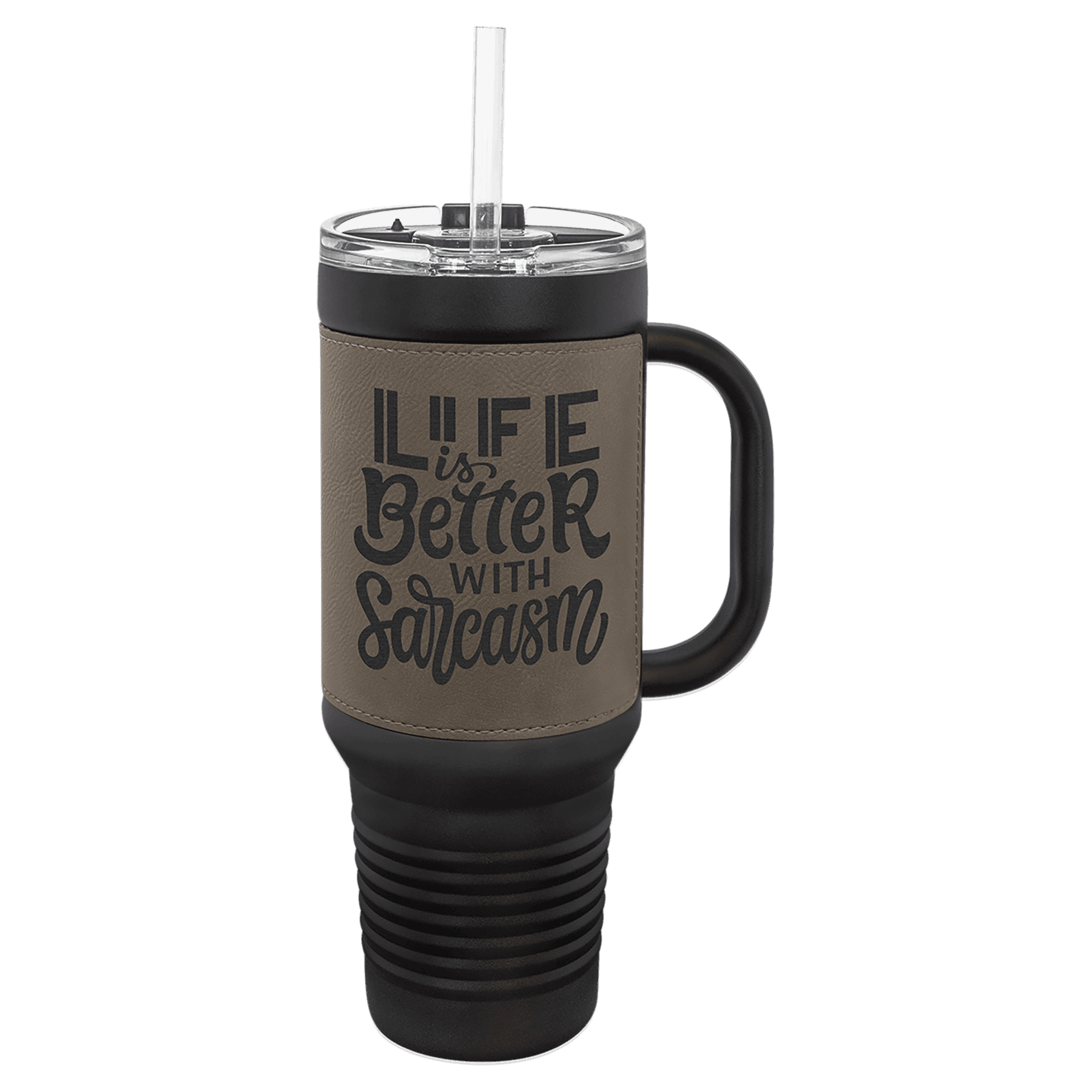 Polar Camel 40 oz. Black with Gray Engravable Leatherette Travel Mug with a Handle & Straw