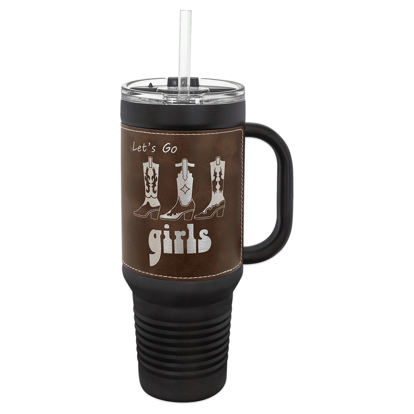 Polar Camel 40 oz. Black with Rustic/Silver Engravable Leatherette Travel Mug with Handle & Straw