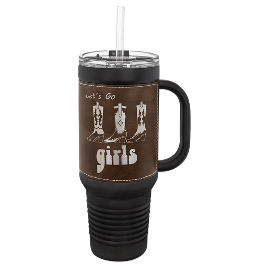 Polar Camel 40 oz. Black with Rustic/Silver Engravable Leatherette Travel Mug with Handle & Straw