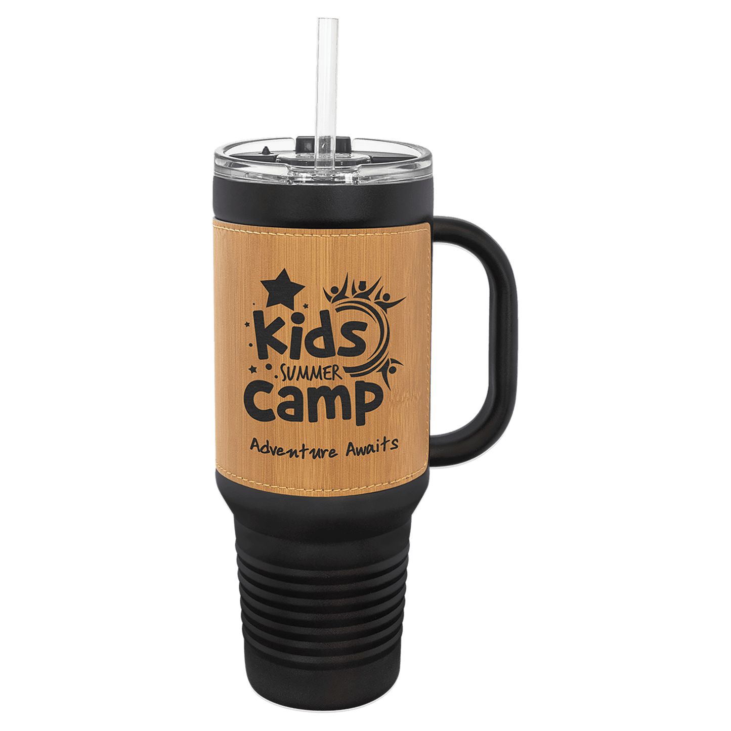 Polar Camel 40 oz. Black with Bamboo Laserable Leatherette Travel Mug with a Handle & Straw