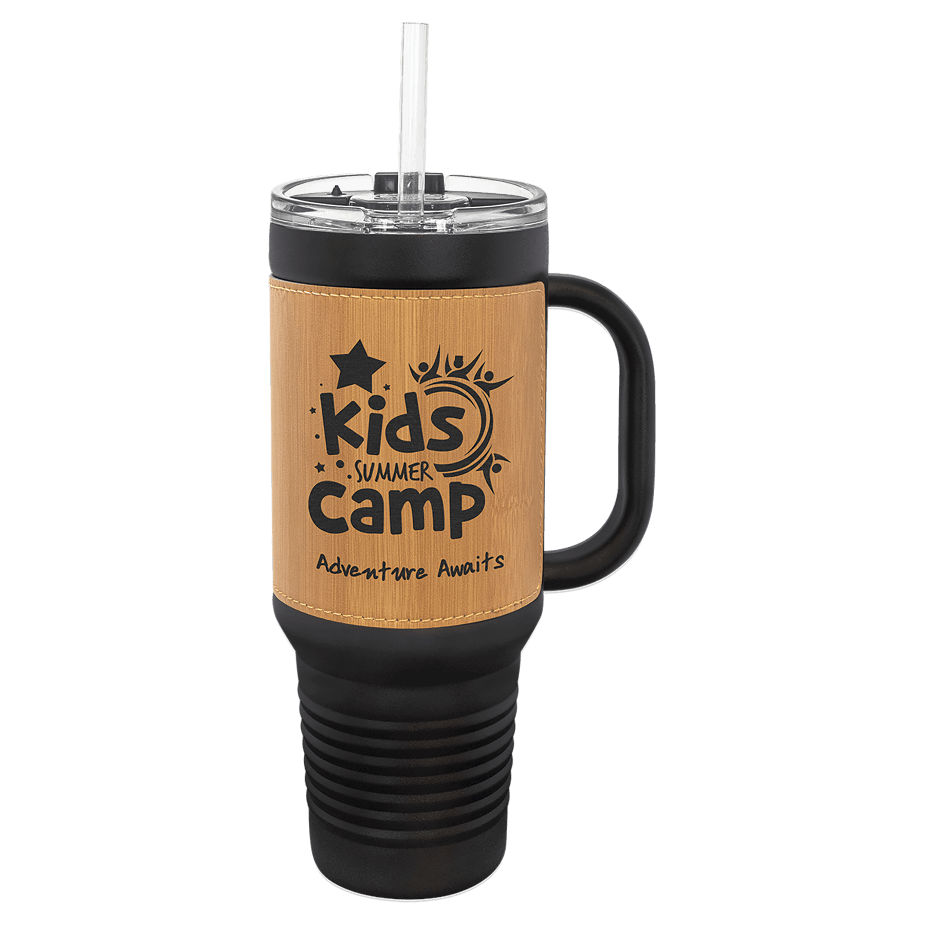 Polar Camel 40 oz. Black with Bamboo Engravable Leatherette Travel Mug with a Handle & Straw