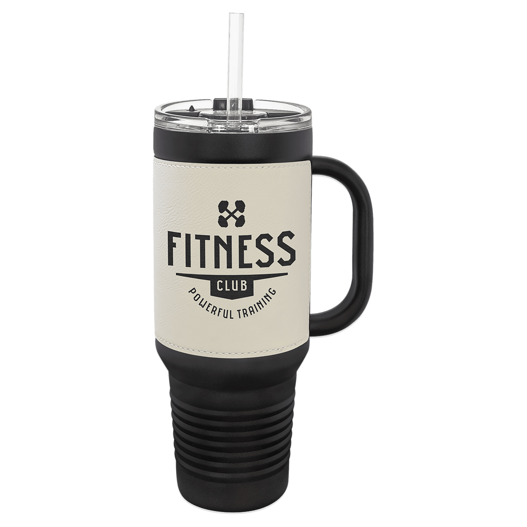 Polar Camel 40 oz. Black with White Engravable Leatherette Travel Mug with a Handle & Straw