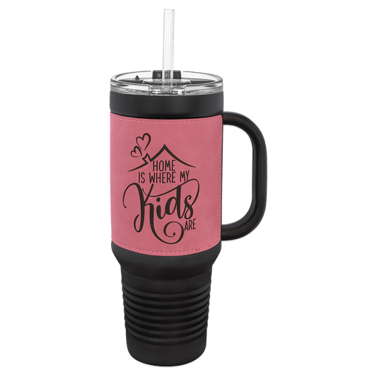 Polar Camel 40 oz. Black with Pink Engravable Leatherette Travel Mug with a Handle & Straw