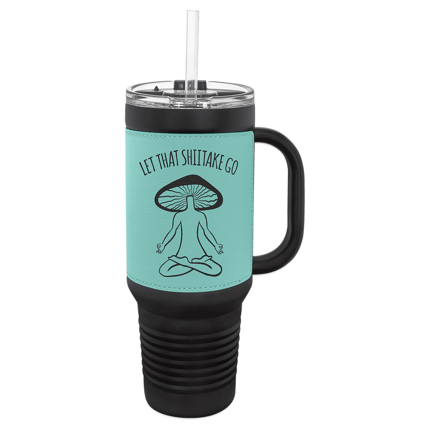 Polar Camel 40 oz. Black with Teal Engravable Leatherette Travel Mug with a Handle & Straw