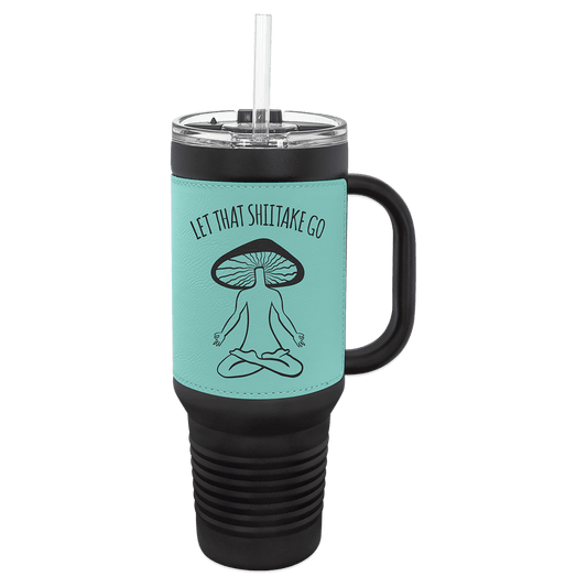 Polar Camel 40 oz. Black with Teal Engravable Leatherette Travel Mug with a Handle & Straw