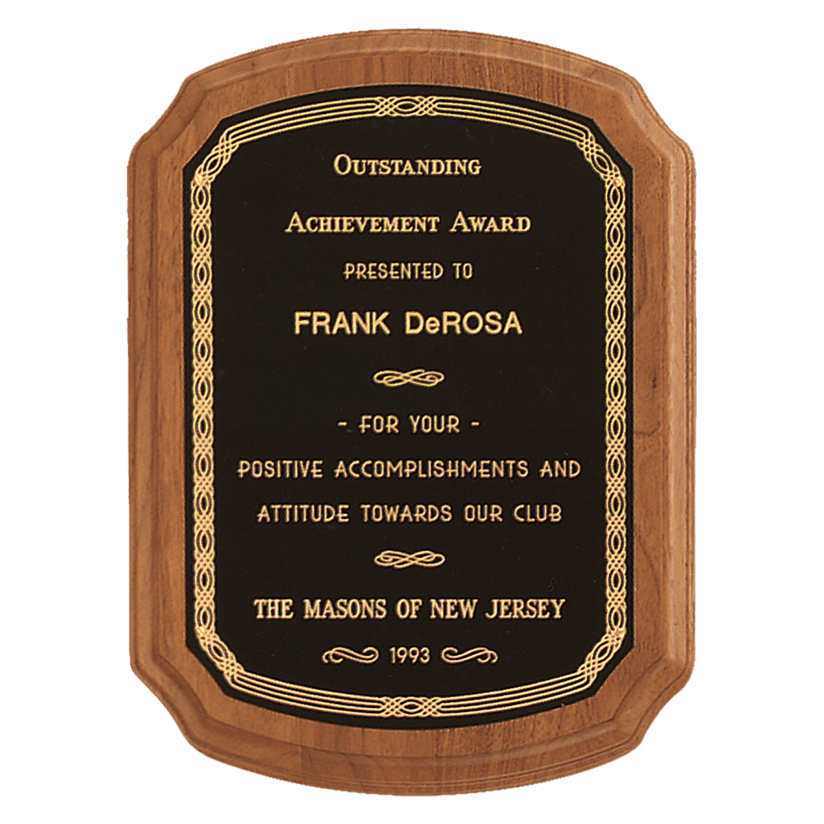8" x 10 1/2" Coventry Series American Walnut Plaque with Gold Border Laserable Black Brass Plate