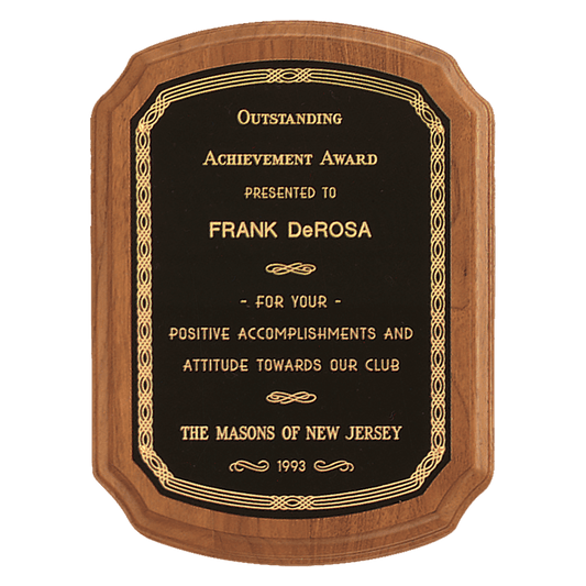 10 1/2" x 13" Coventry Series American Walnut Plaque with Gold Border Laserable Black Brass Plate
