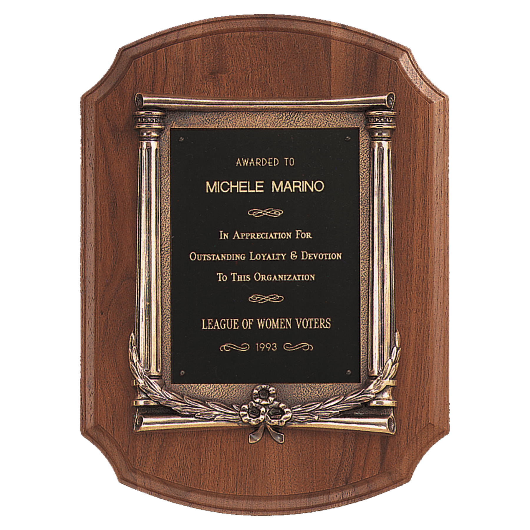 11" x 15" American Walnut Notch Corner Plaque w/Antique Bronze Frame/Black Brass Plate